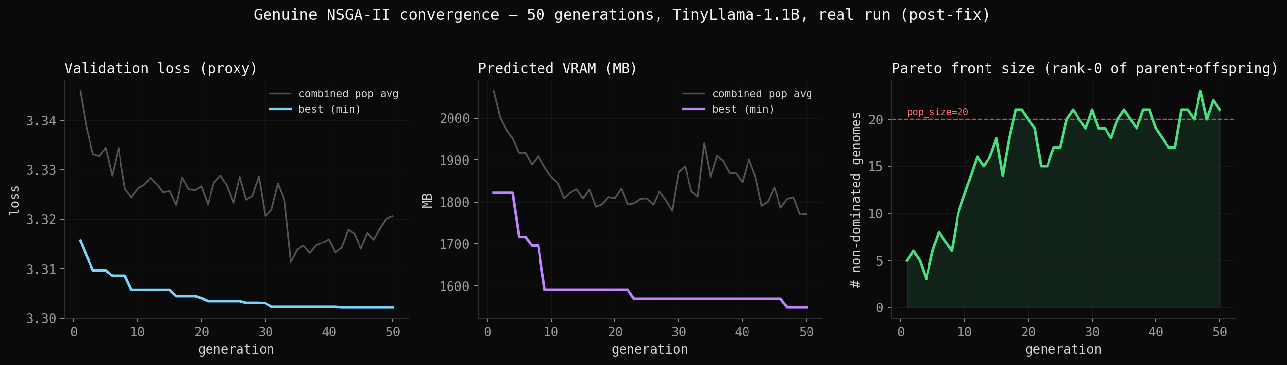 50-generation convergence, real NSGA-II